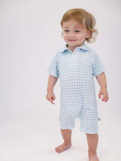 Blue Gingham Polo Romper