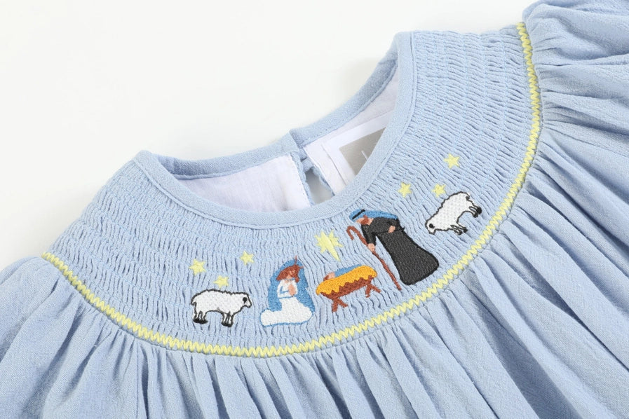 Light Blue Nativity Smocked Bishop Dress