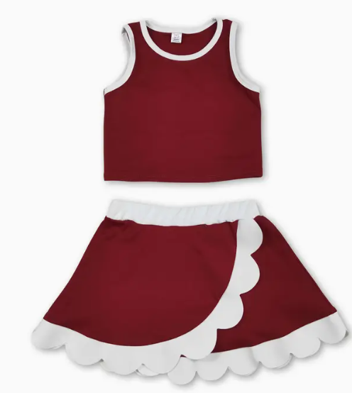 Sleeveless Maroon White Scallop Set