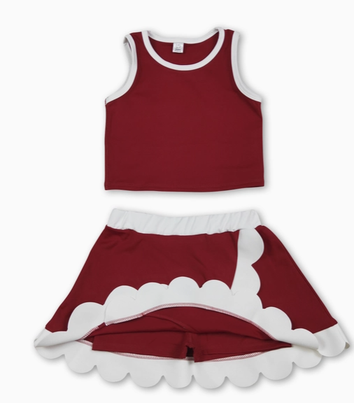 Sleeveless Maroon White Scallop Set