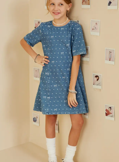 Polka Dot & White Bows Denim Dress