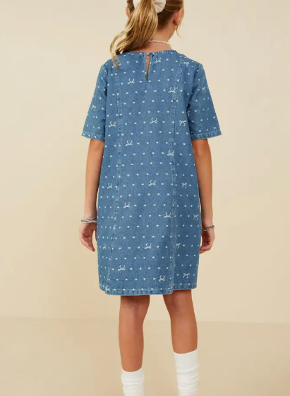 Polka Dot & White Bows Denim Dress
