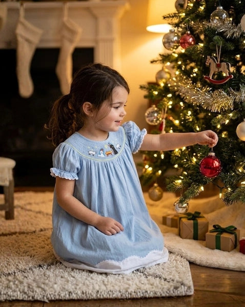 Light Blue Nativity Smocked Bishop Dress