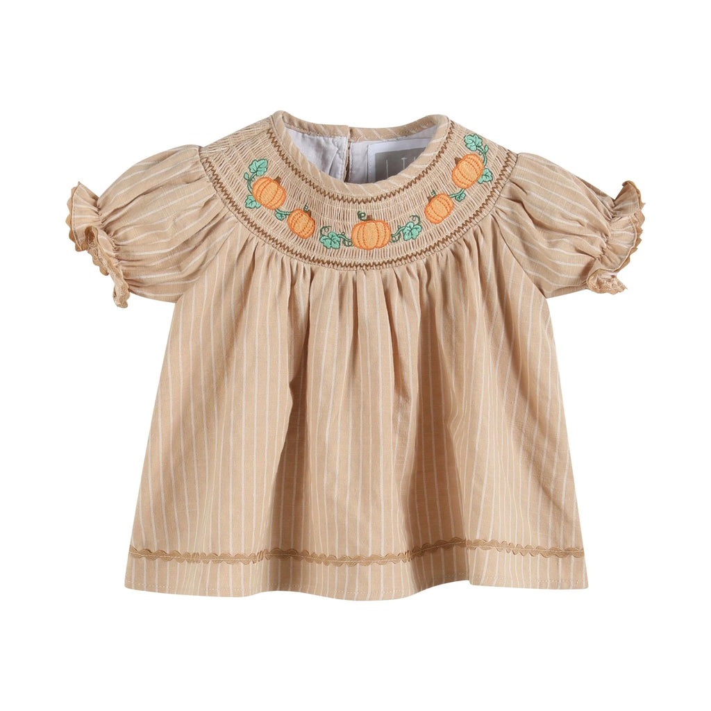 Brown Pinstripe Pumpkin Dress & Bloomer Set