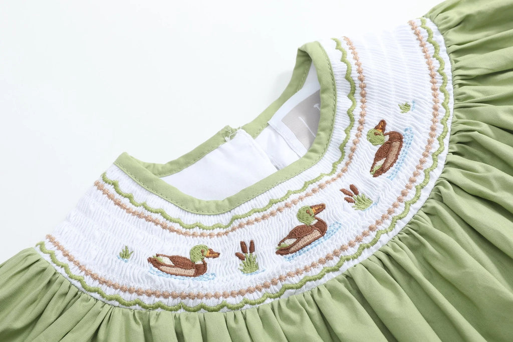 Pistachio Mallard Duck Smocked Bishop Dress