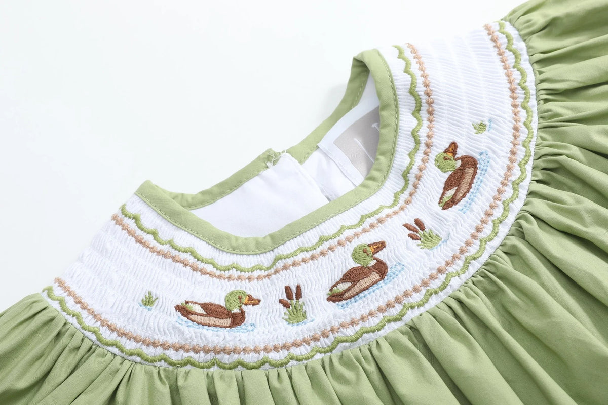 Pistachio Mallard Duck Smocked Bishop Dress