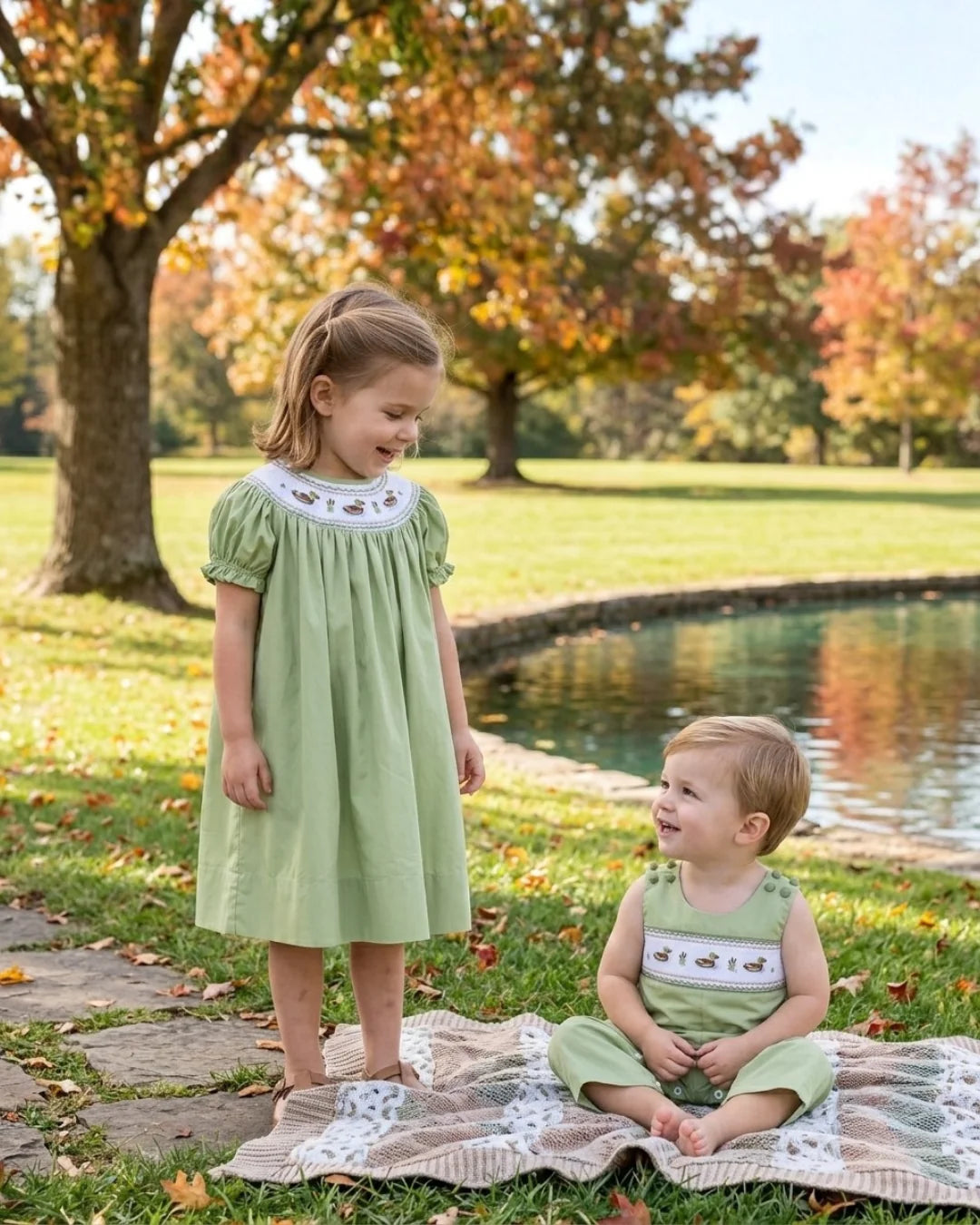 Pistachio Mallard Duck Smocked Bishop Dress